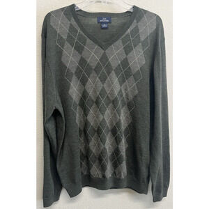 Brooks Brothers Sweater Men's Size L 100% Merino Wool Olive Green Argyle V-Neck